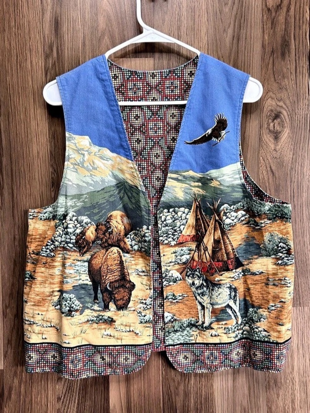 Vintage Reversible Western Vest Medium Buffalo Eagle Wolf Horse Native American